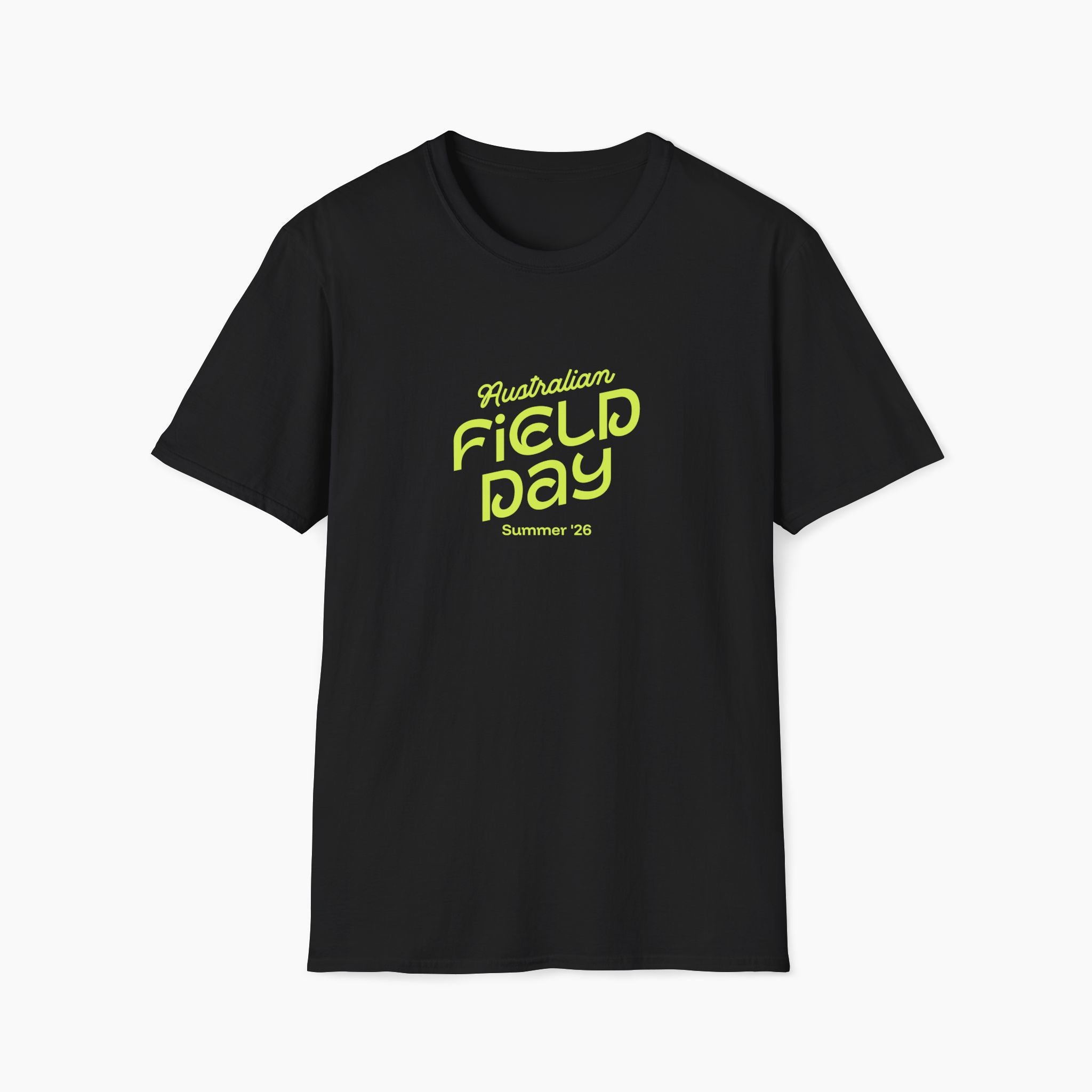 Black t-shirt with yellow text 'Australian Field Day Summer '26' on a white background