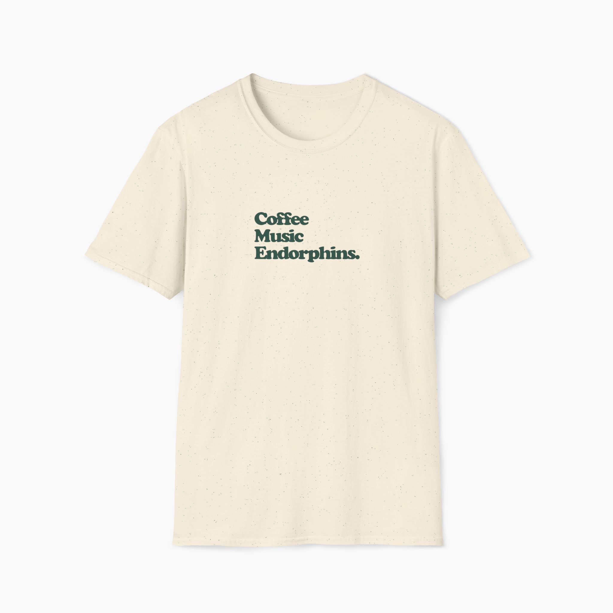 Beige t-shirt with text 'Coffee Music Endorphins' on a white background