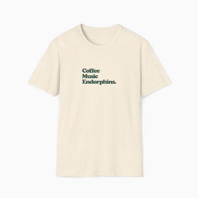 Beige t-shirt with text 'Coffee Music Endorphins' on a white background