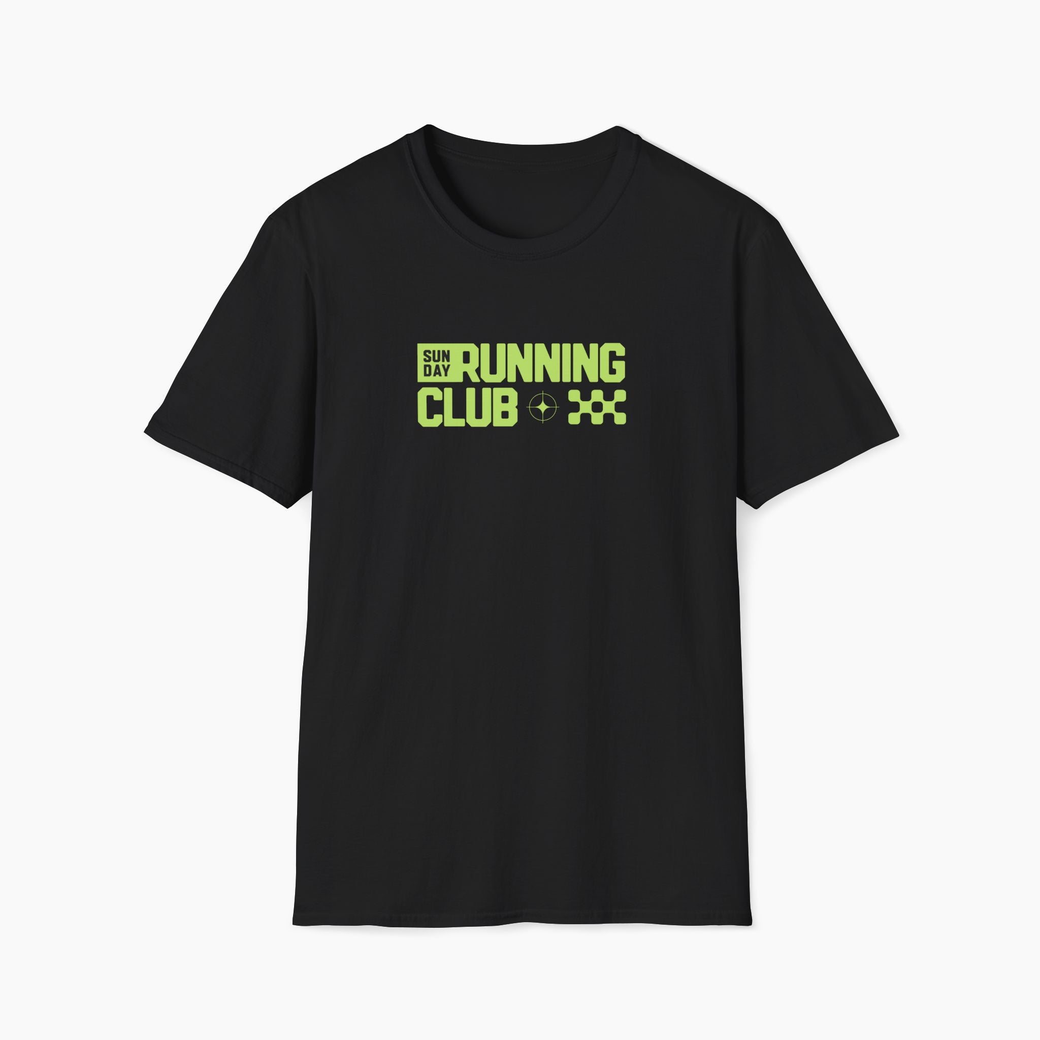 Black t-shirt with green 'Running Club' text on a white background