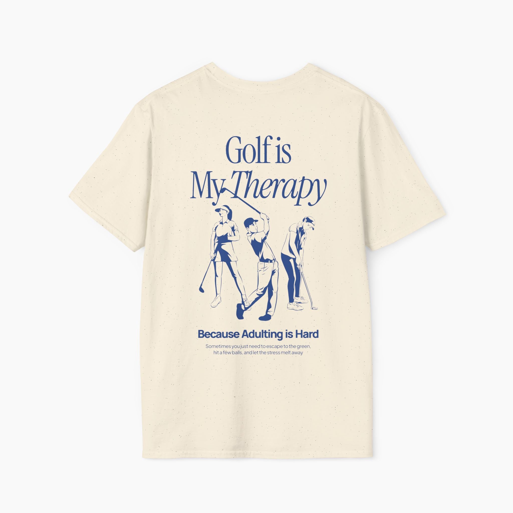 Beige t-shirt with blue graphic and text on a white background