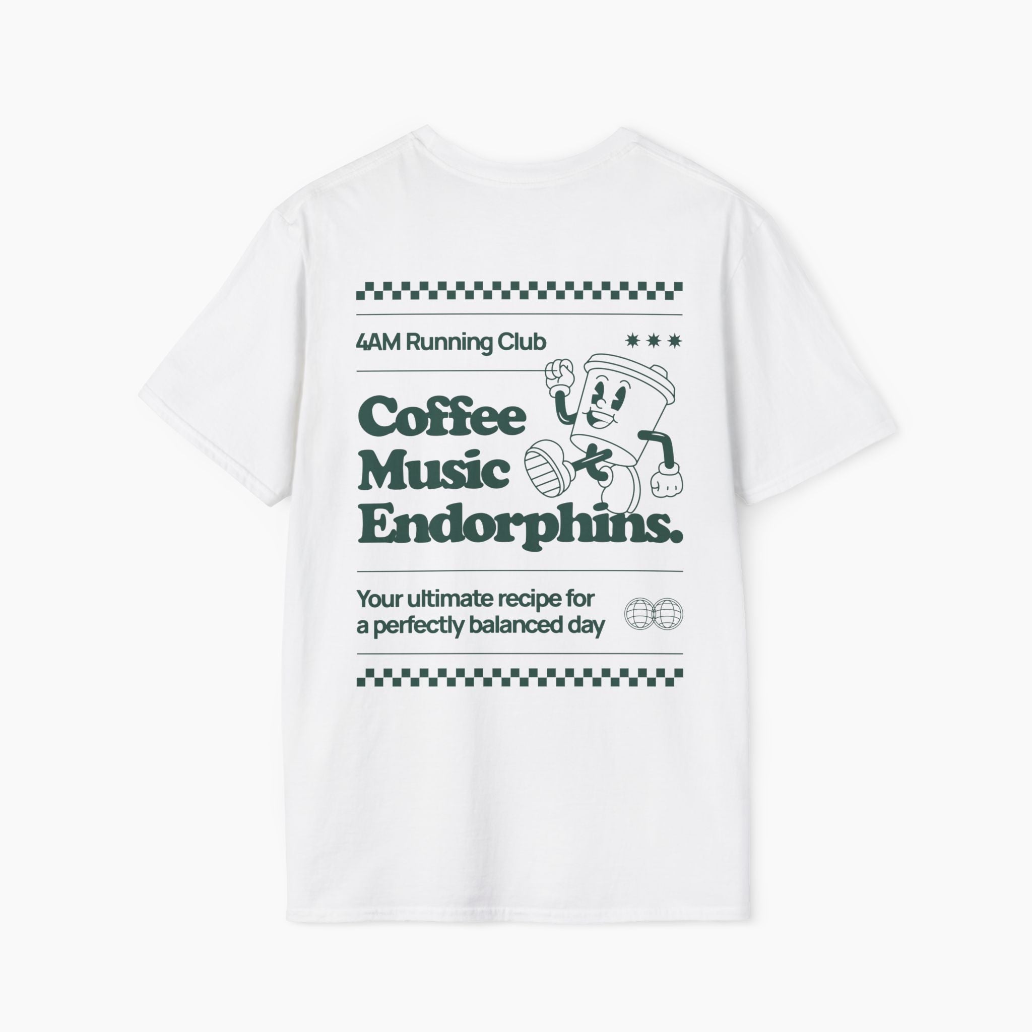 White t-shirt with text and graphics on a white background