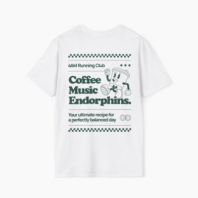 White t-shirt with text and graphics on a white background