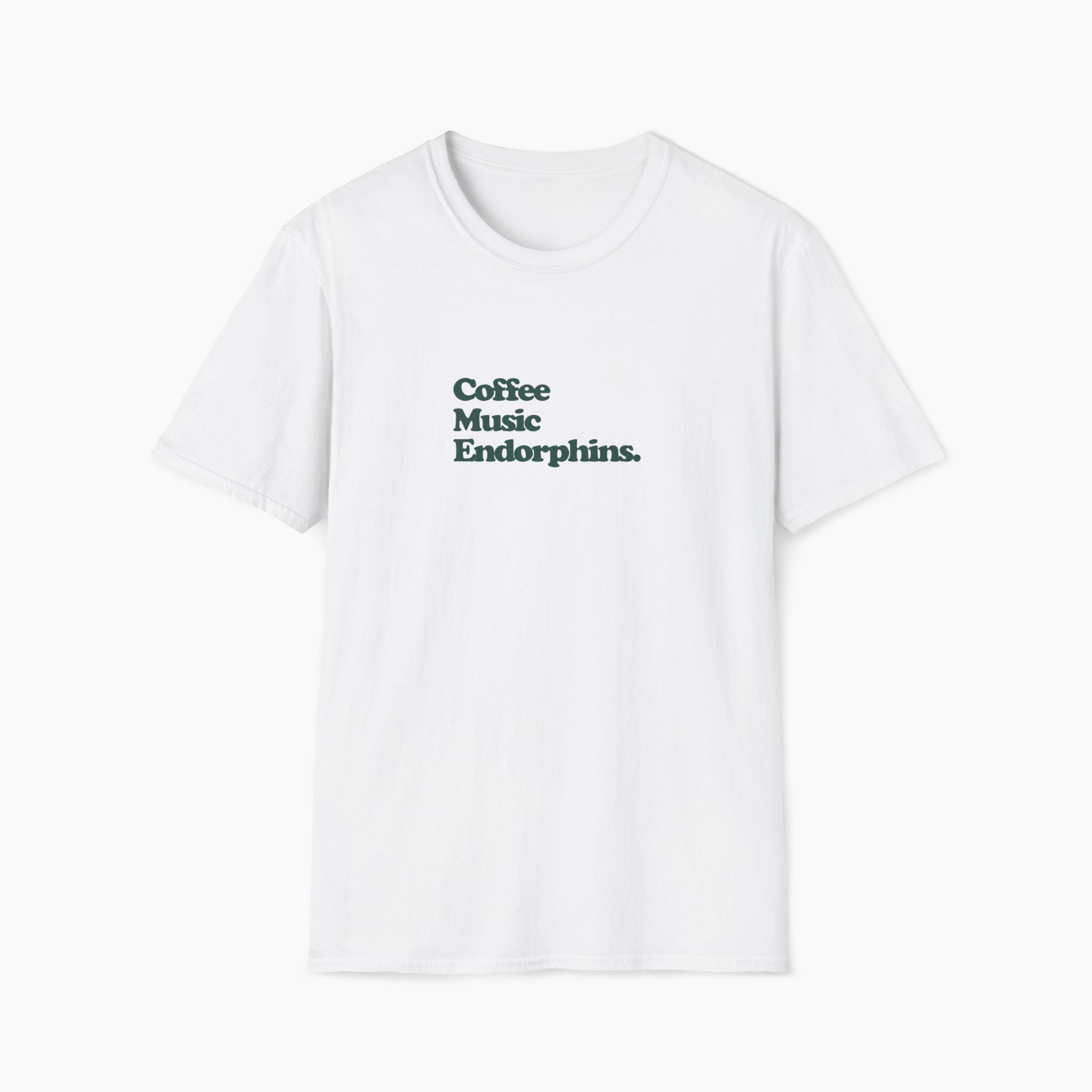 White t-shirt with text 'Coffee Music Endorphins' on a white background