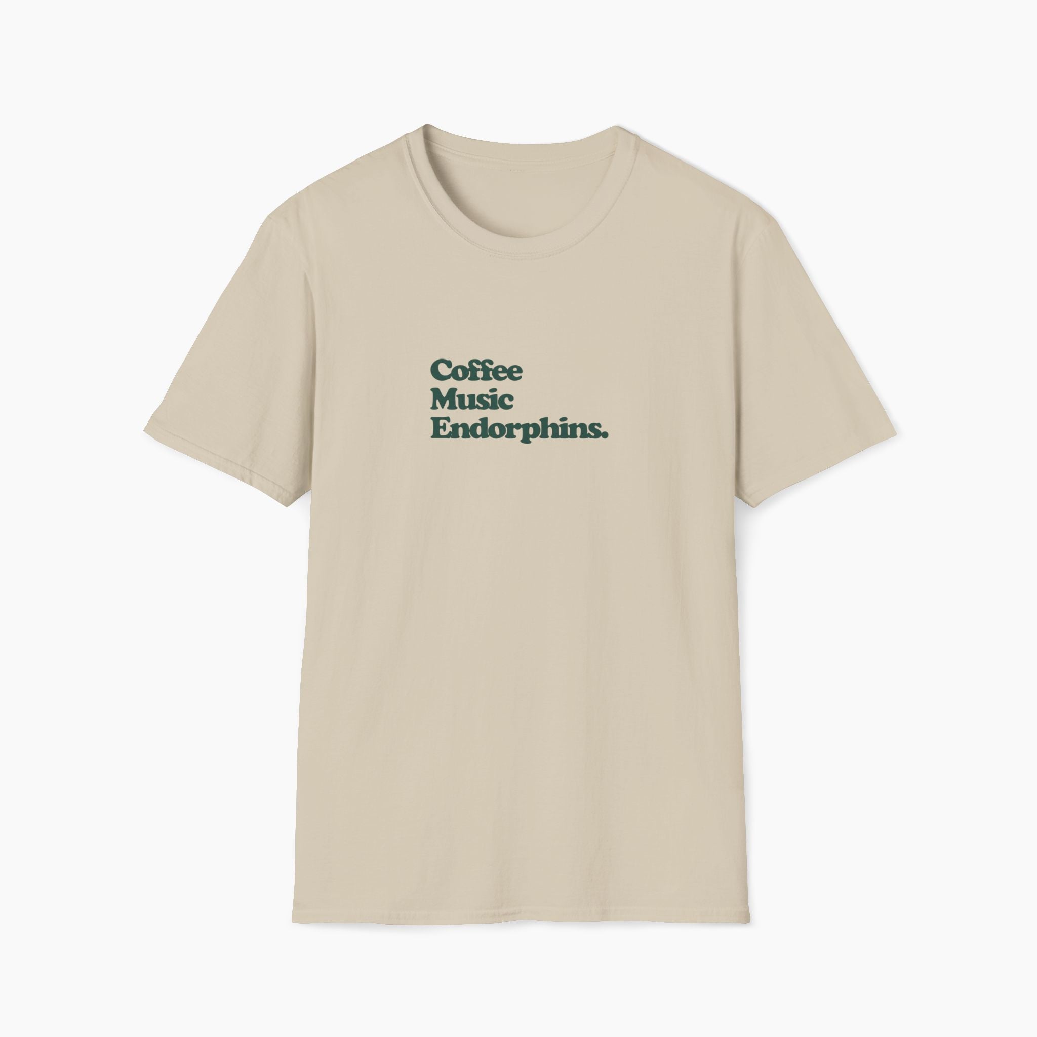 Beige t-shirt with text 'Coffee Music Endorphins' on a white background