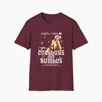 Maroon t-shirt with cowboy graphic and text on a white background