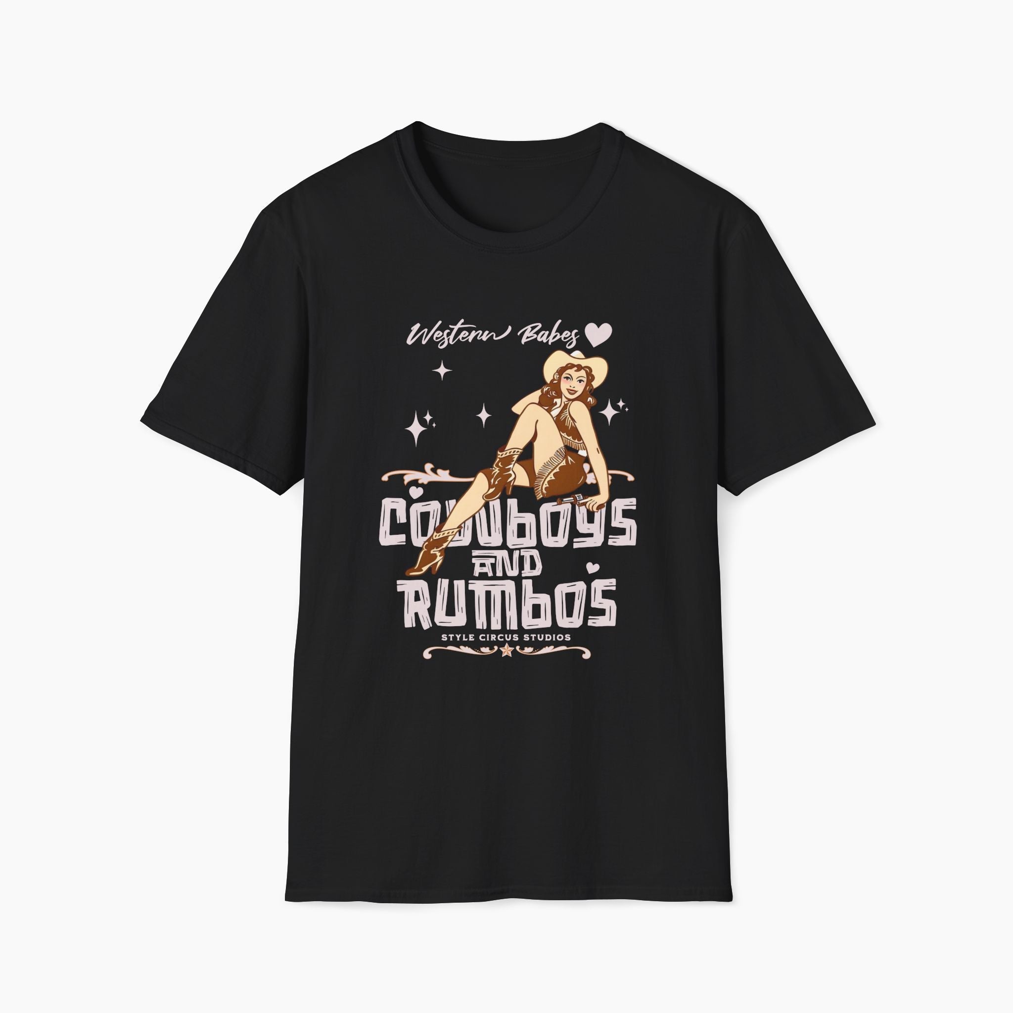 Black t-shirt with a graphic design of a cowgirl and text on a white background