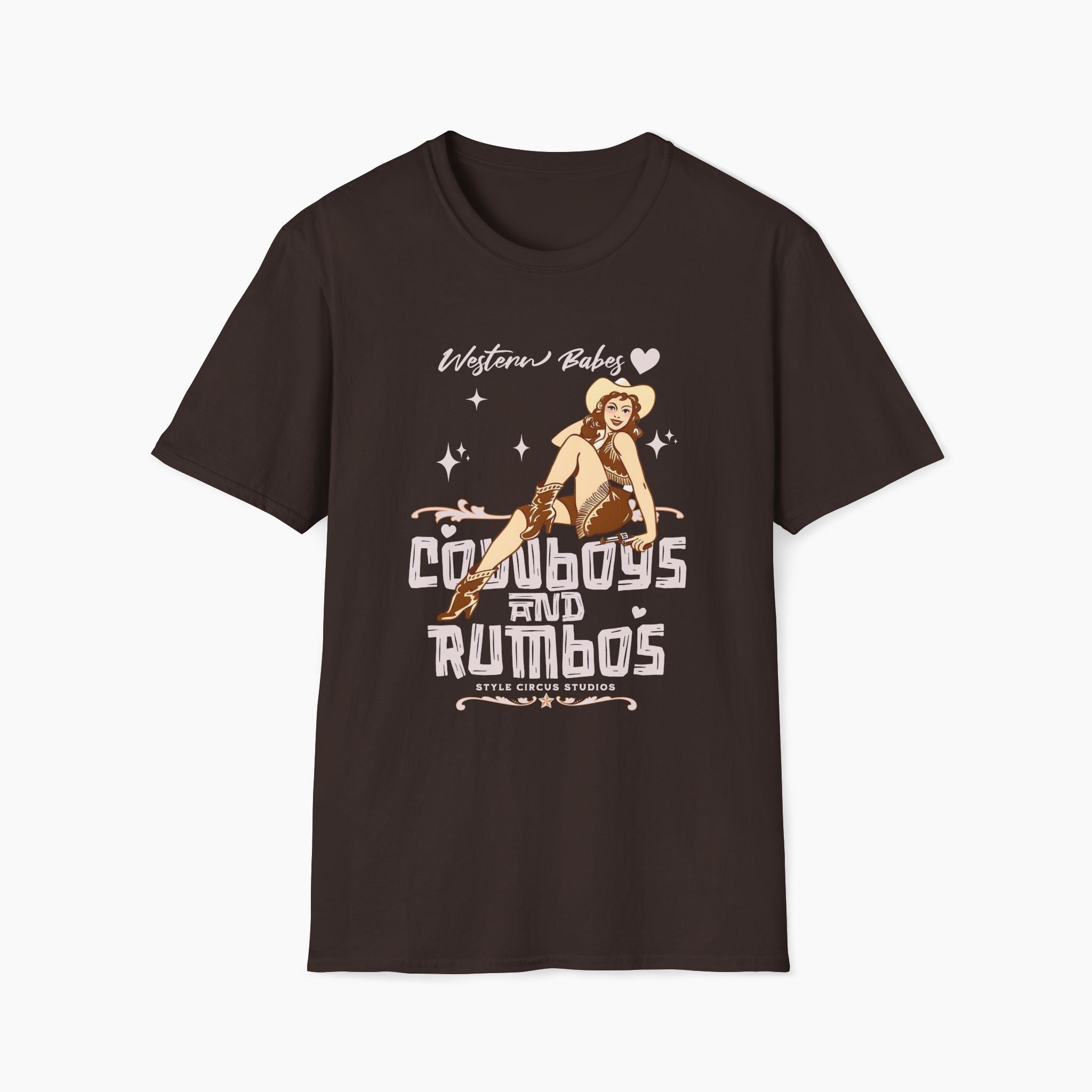 Brown t-shirt with a graphic design of a cowgirl and text on a white background