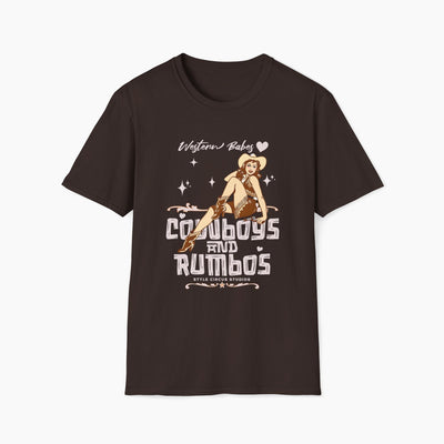 Brown t-shirt with a graphic design of a cowgirl and text on a white background