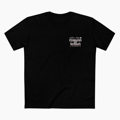 Black t-shirt with white text on a white background