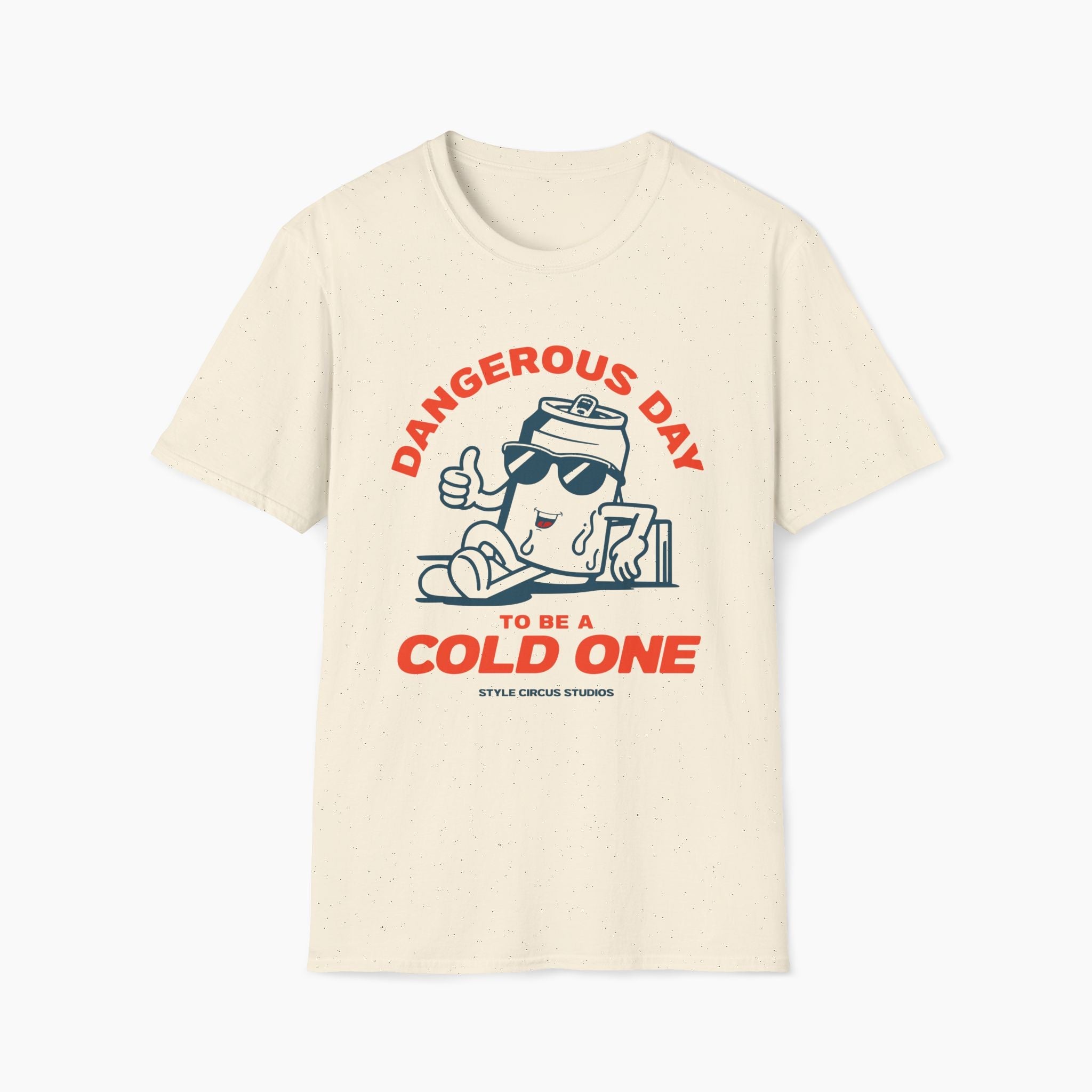 Beige t-shirt with graphic design and text on a white background