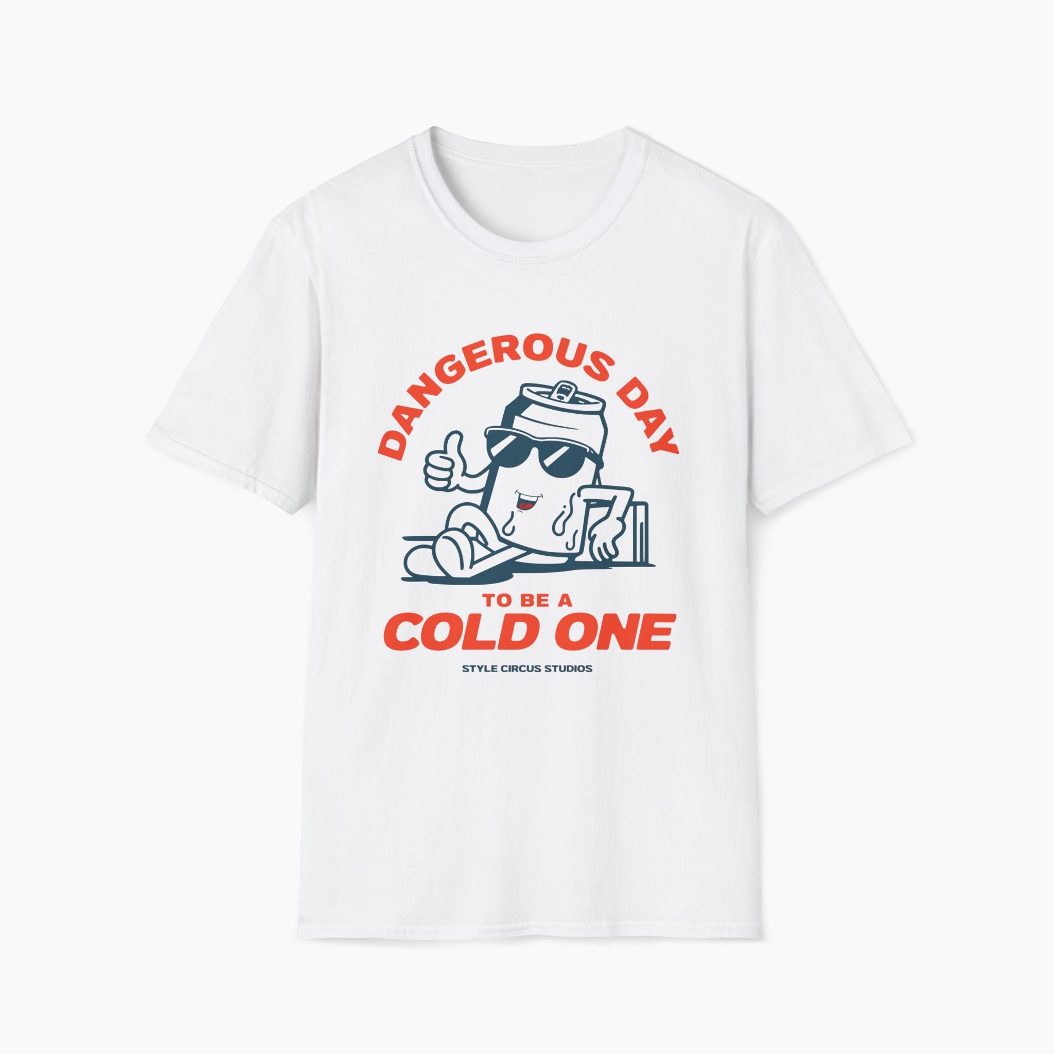 White t-shirt with a graphic design and text on a white background