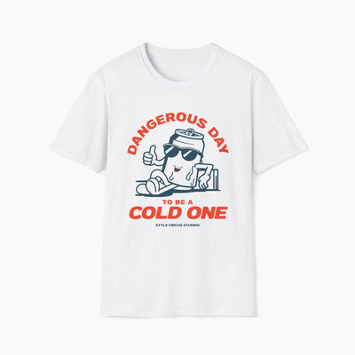 White t-shirt with a graphic design and text on a white background