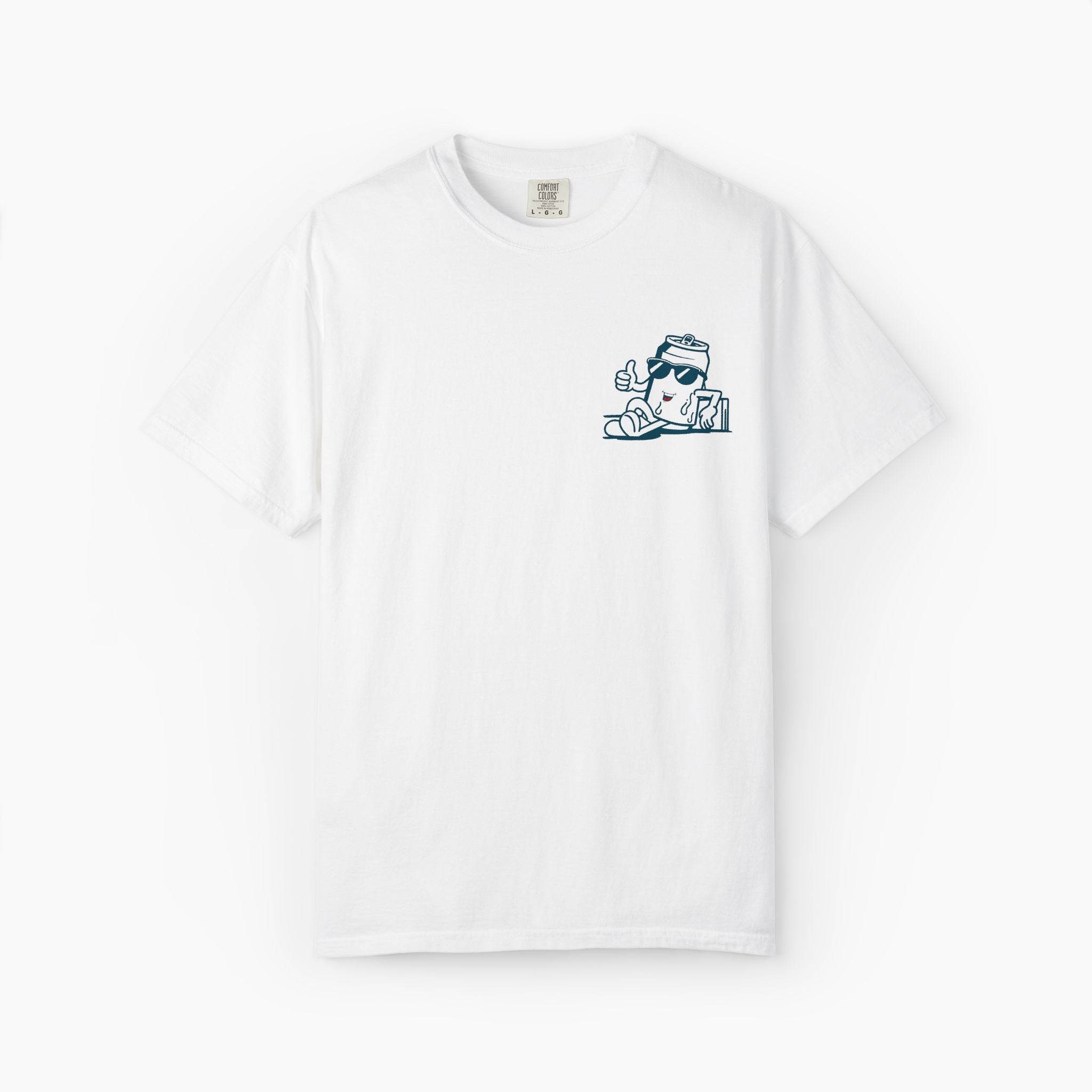 White t-shirt with a small logo on the chest against a white background