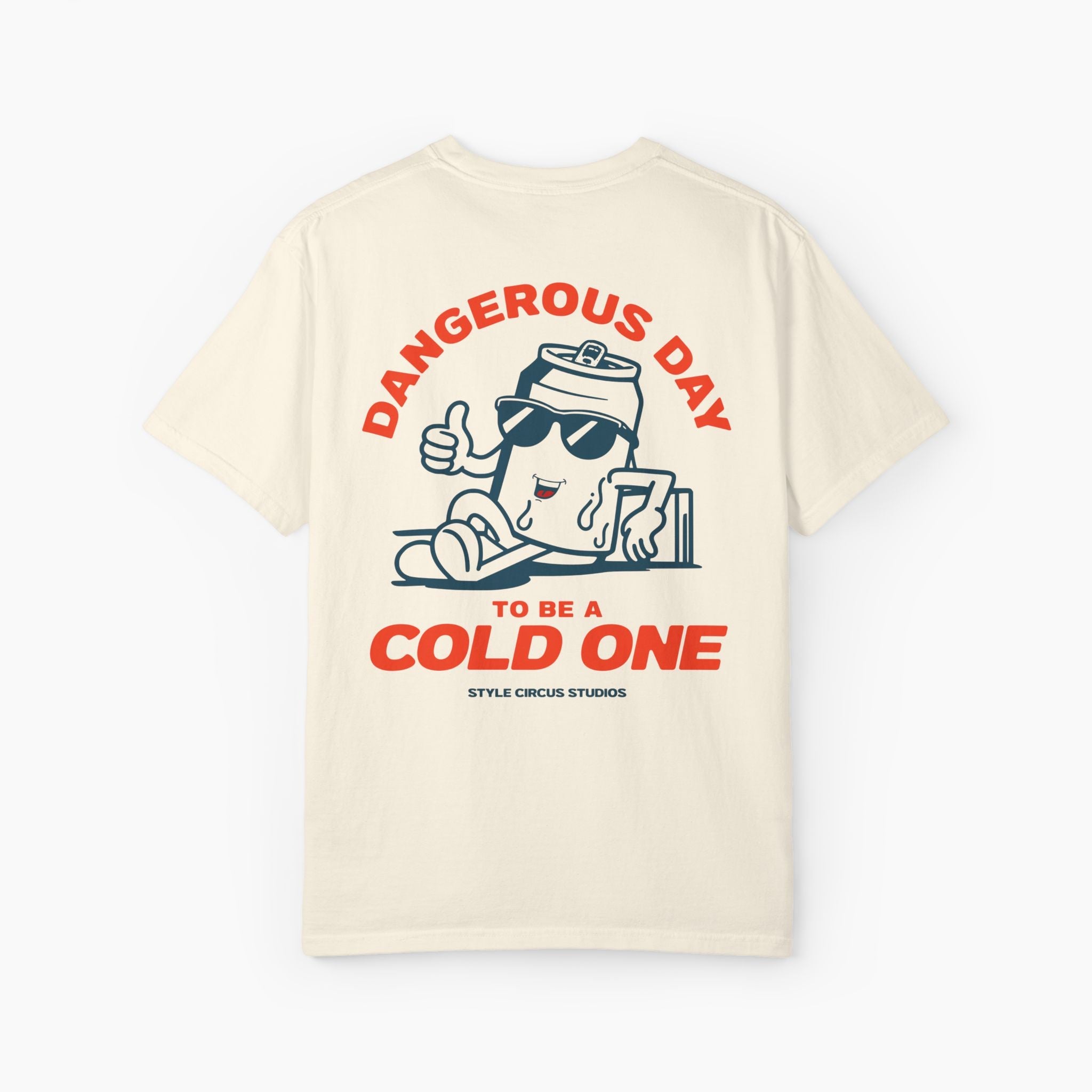 Beige t-shirt with a graphic design on the back featuring text and a character.