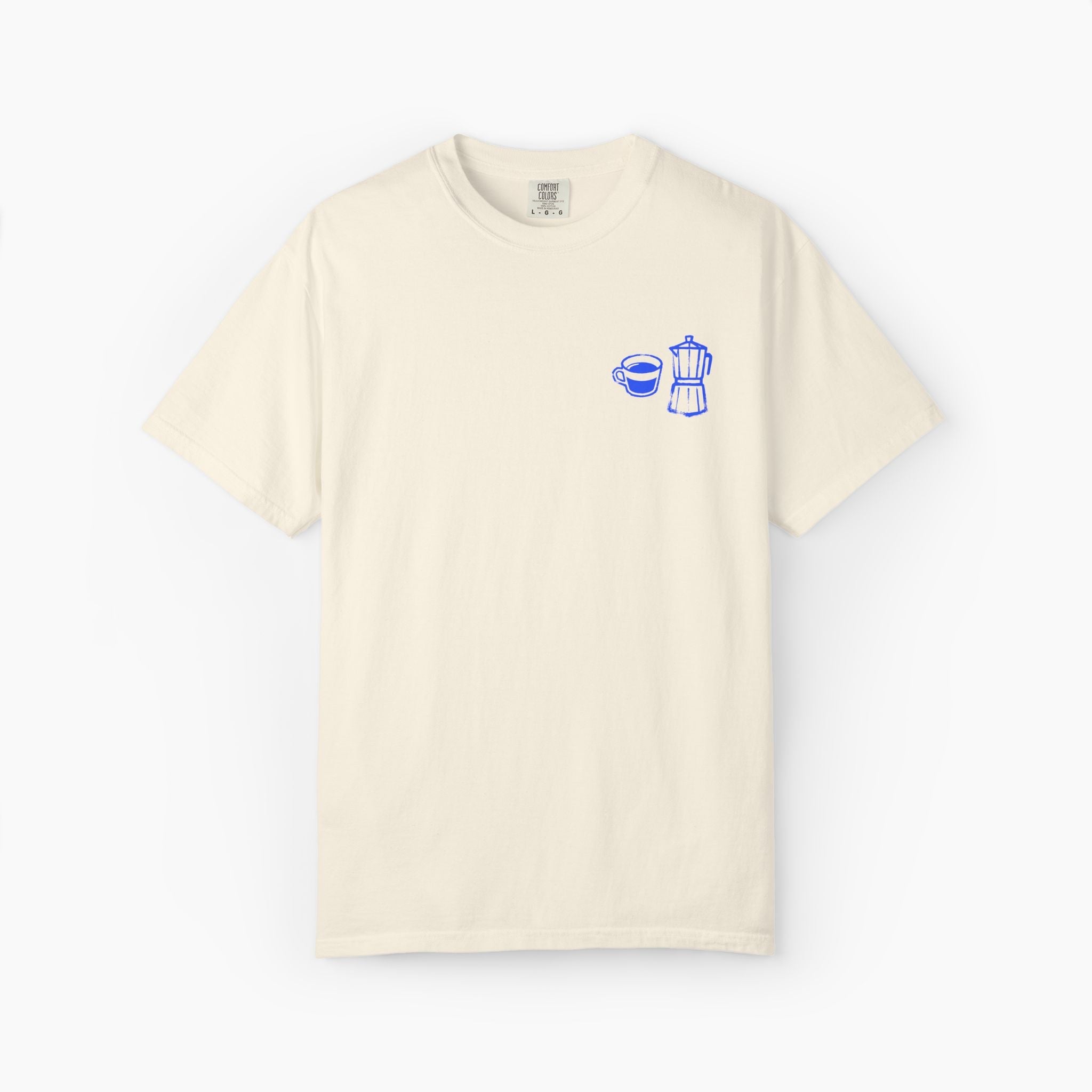 Beige t-shirt with blue coffee-themed graphic on a white background