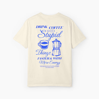 Beige t-shirt with blue text and graphics on a white background