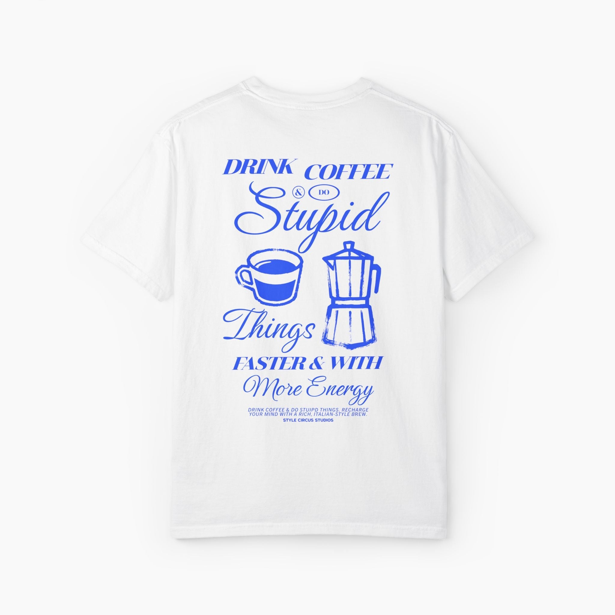 White t-shirt with blue text and coffee graphics on a white background