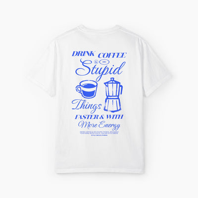 White t-shirt with blue text and coffee graphics on a white background