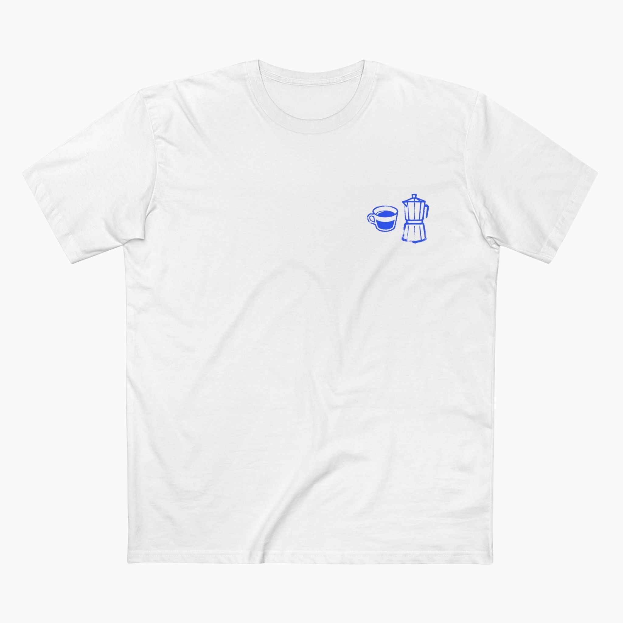 White t-shirt with a blue coffee-themed graphic on a white background
