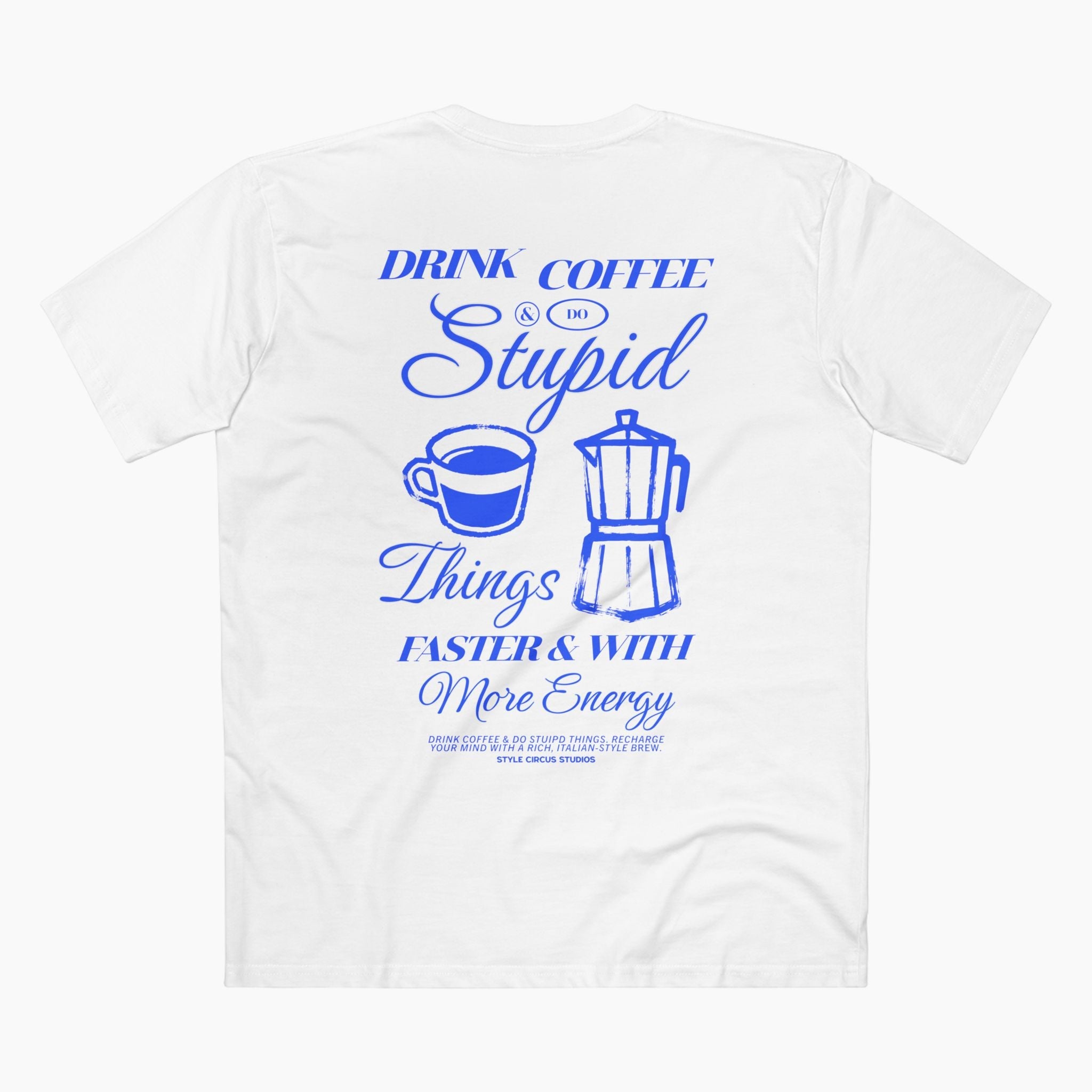 White t-shirt with blue graphic and text on a white background