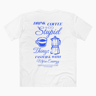 White t-shirt with blue graphic and text on a white background