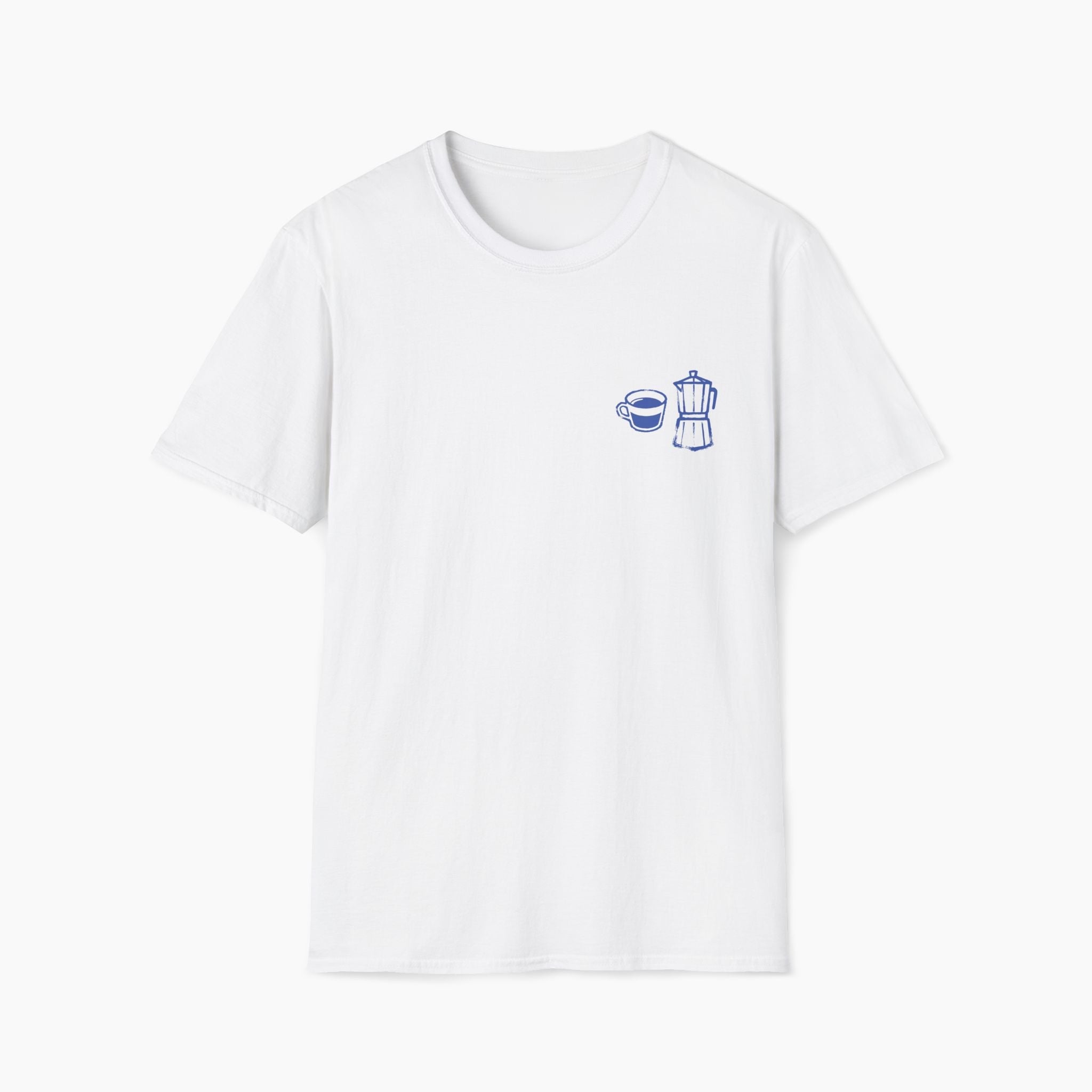 White t-shirt with a blue coffee-themed graphic on a white background