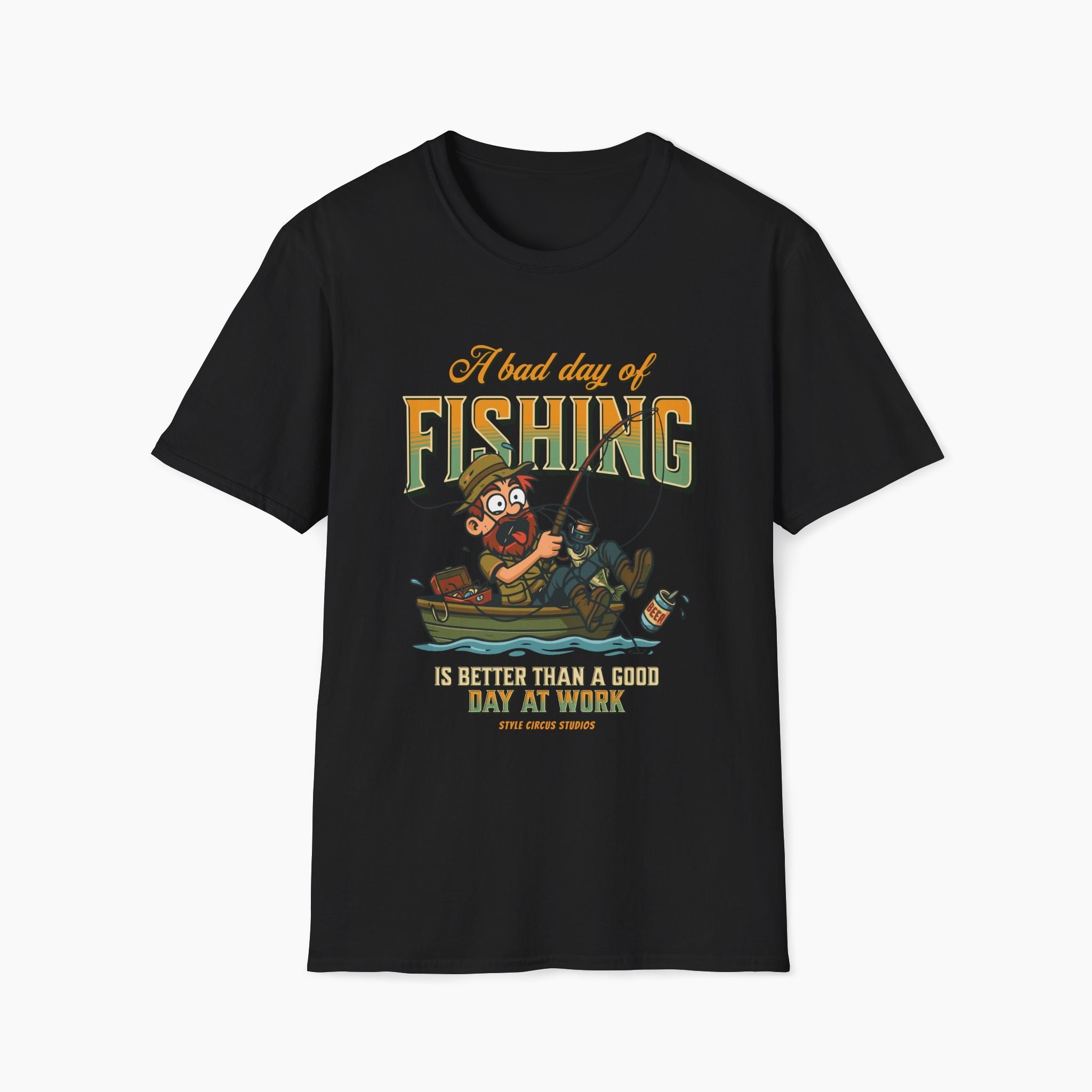 Black t-shirt with fishing graphic and text on a white background
