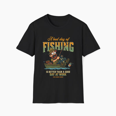 Black t-shirt with fishing graphic and text on a white background