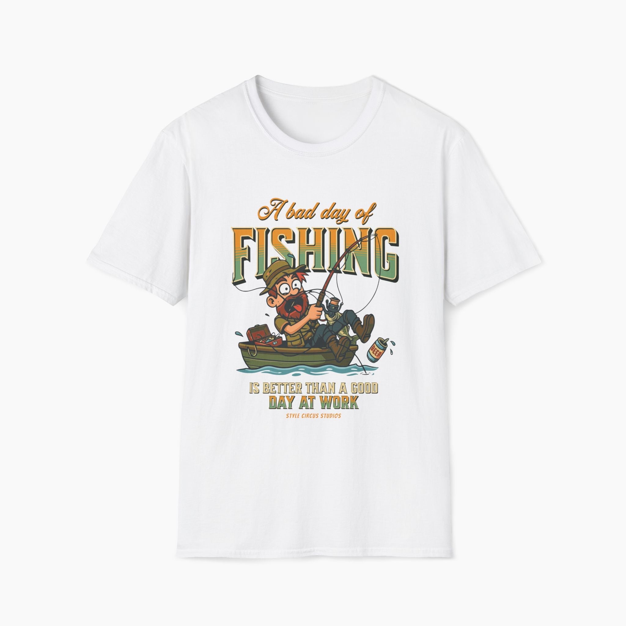 White t-shirt with fishing graphic and text on a white background
