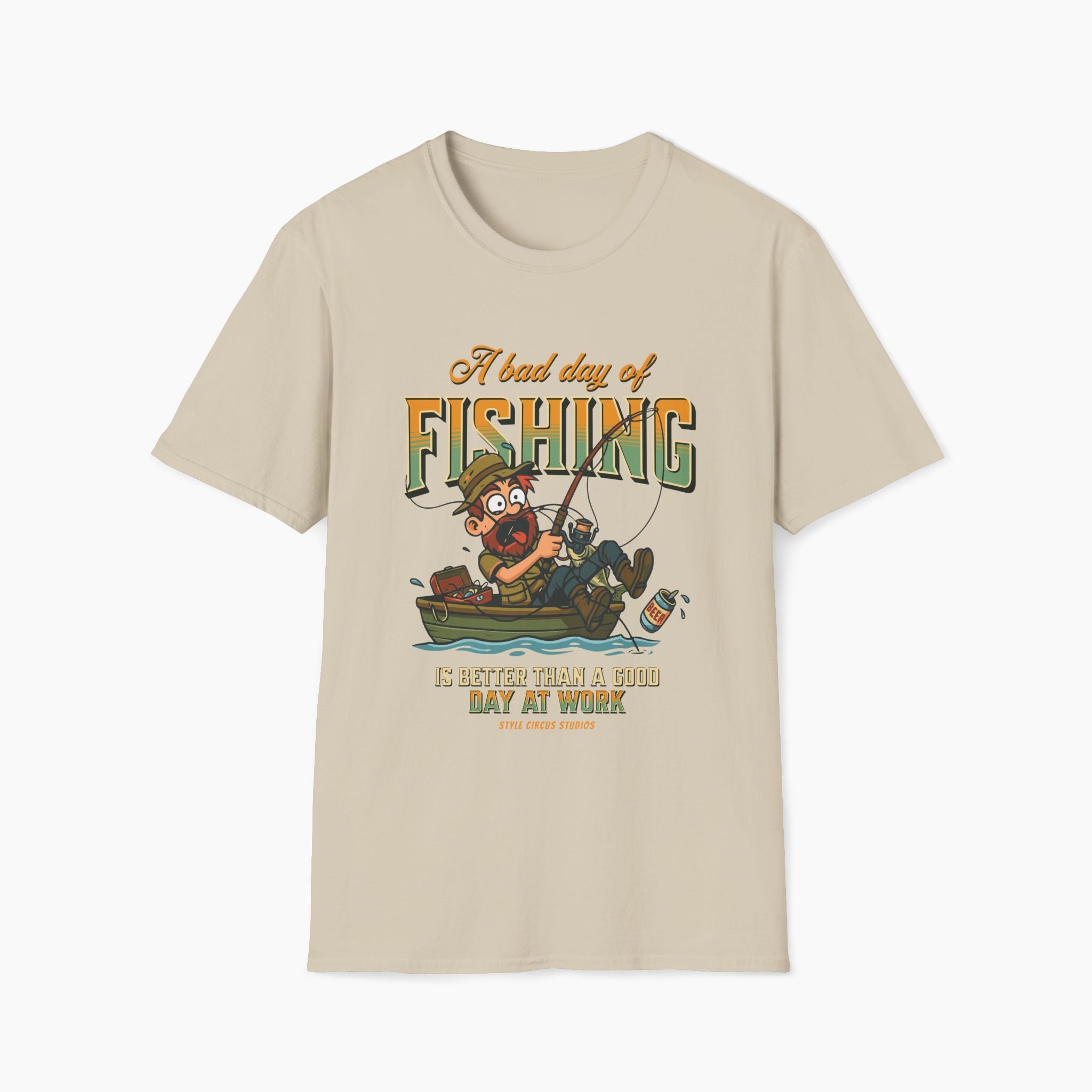 Beige t-shirt with fishing graphic and text on a white background