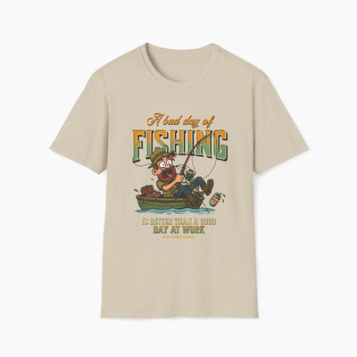 Beige t-shirt with fishing graphic and text on a white background
