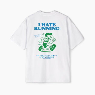 White t-shirt with humorous graphic and text on a white background