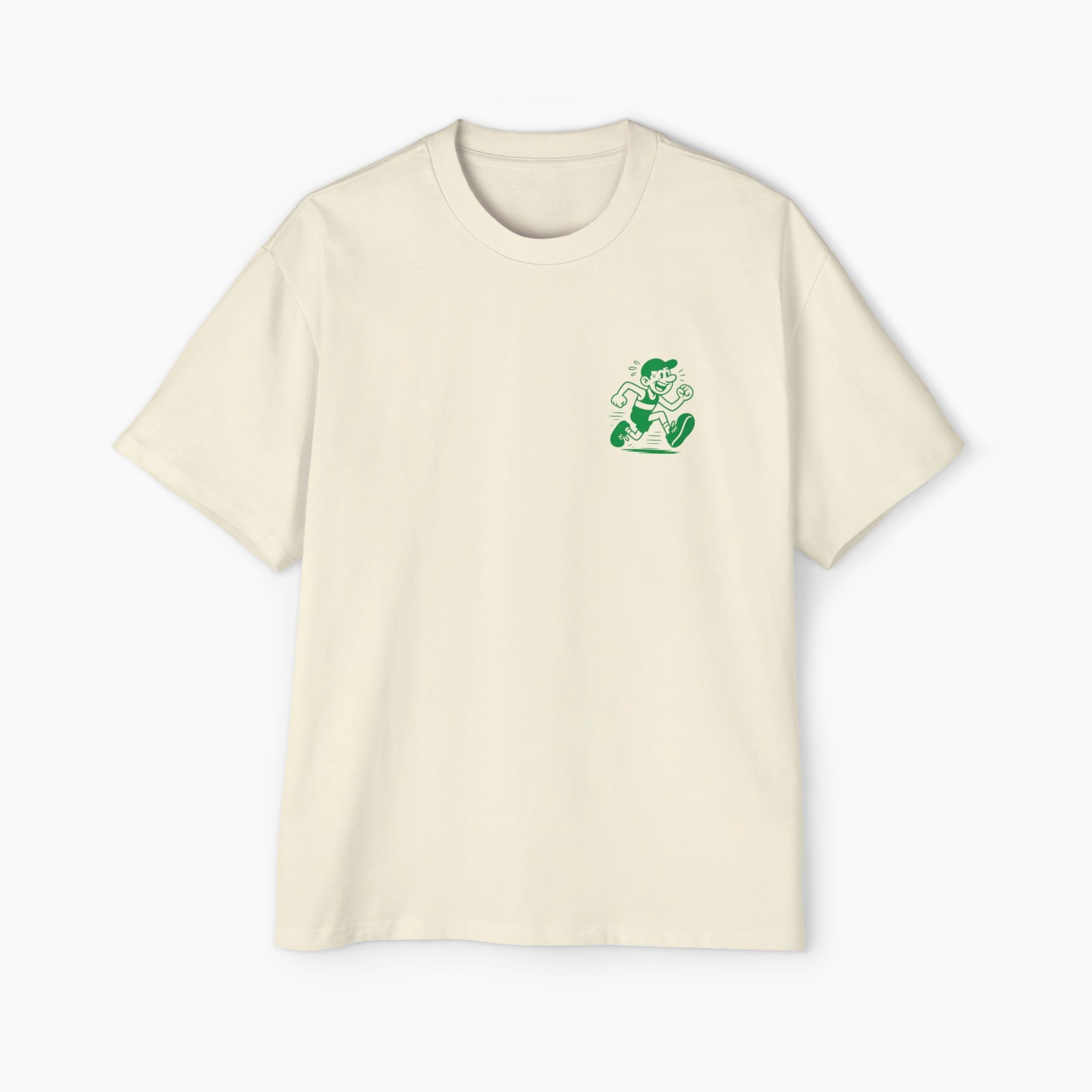 Beige t-shirt with a green graphic on a white background