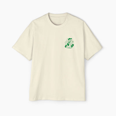 Beige t-shirt with a green graphic on a white background