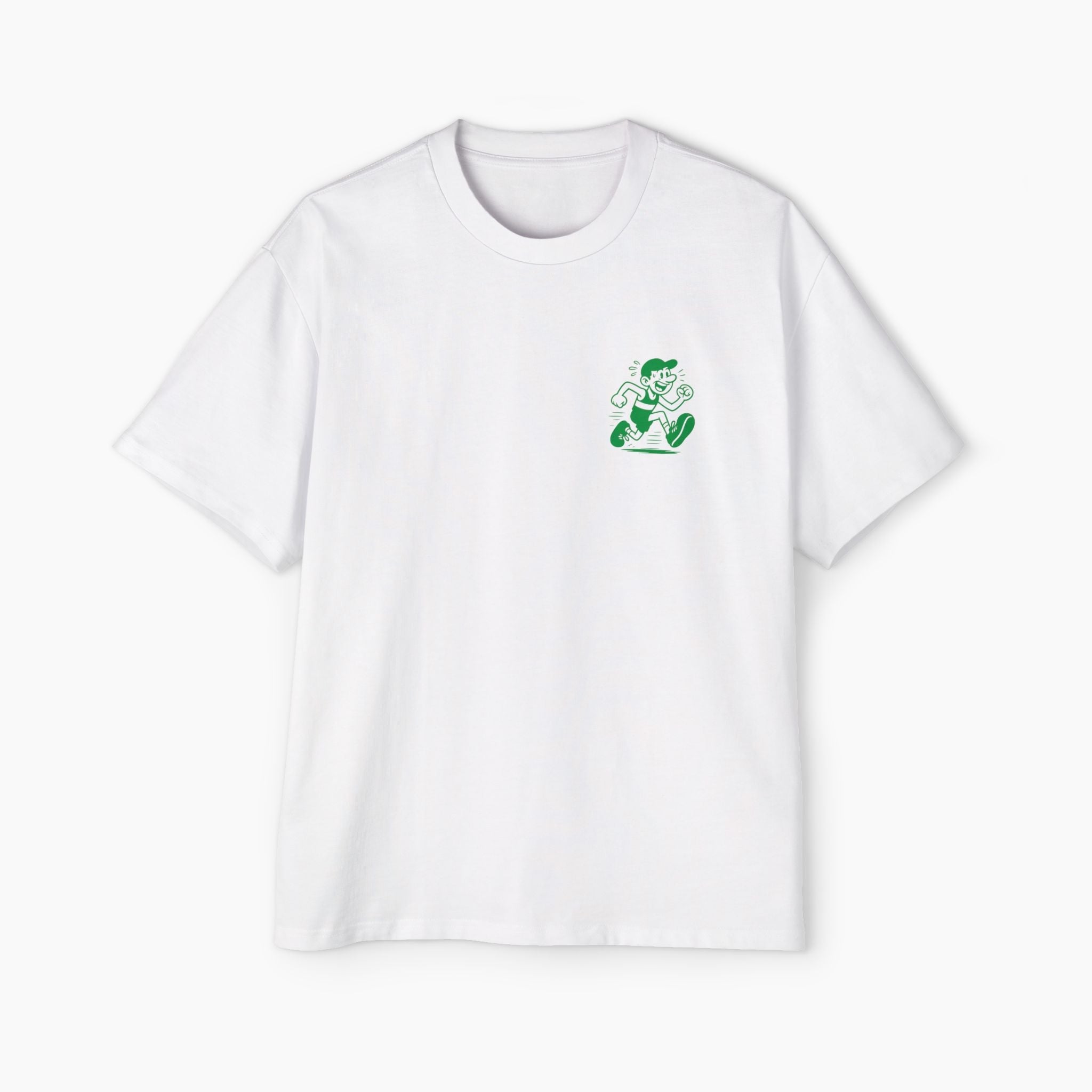 White t-shirt with a green graphic on a white background