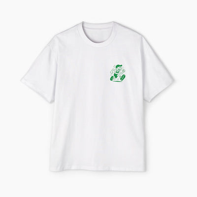White t-shirt with a green graphic on a white background