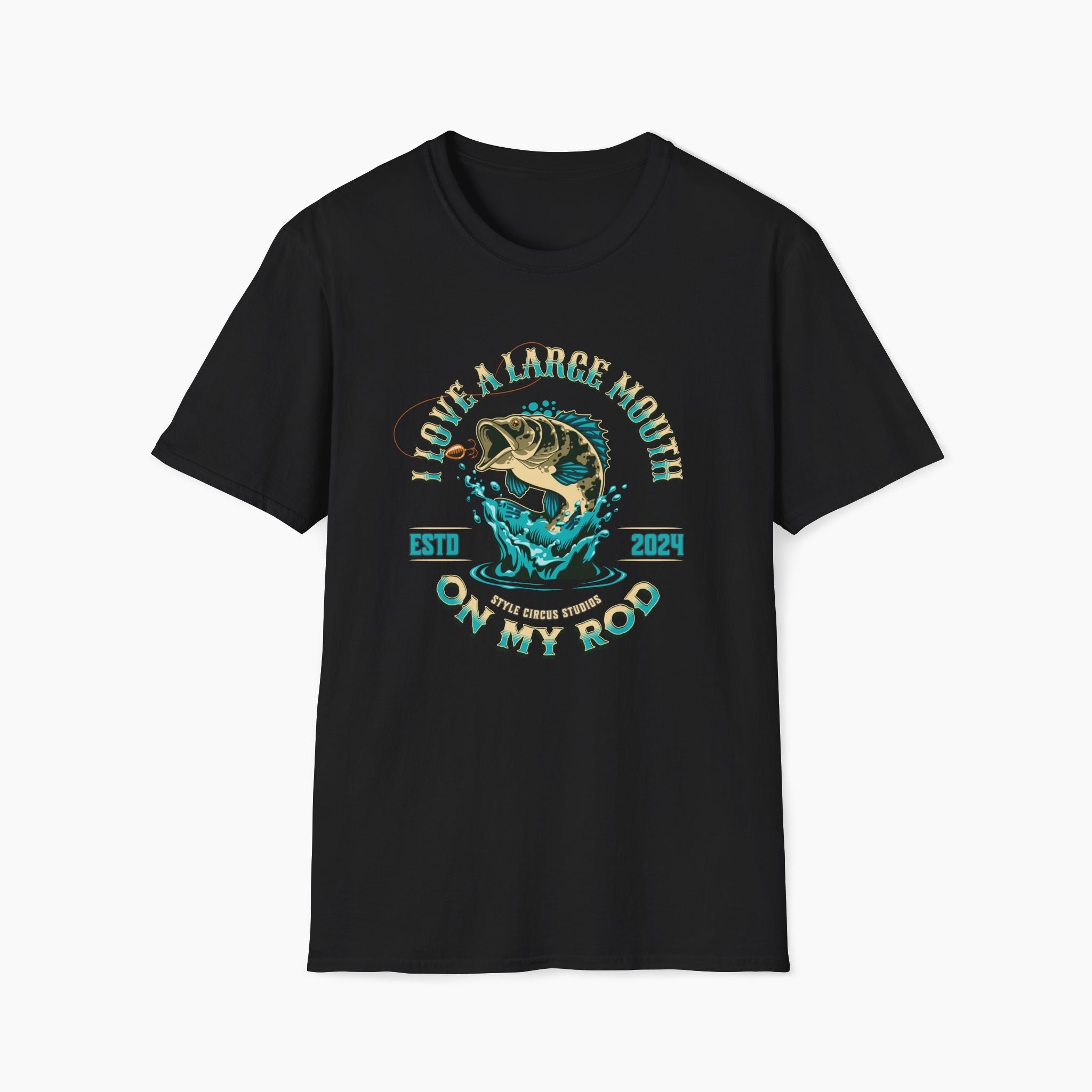 Black t-shirt with fishing graphic and text on a white background