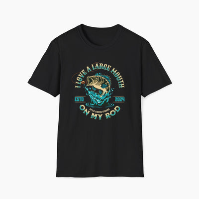 Black t-shirt with fishing graphic and text on a white background