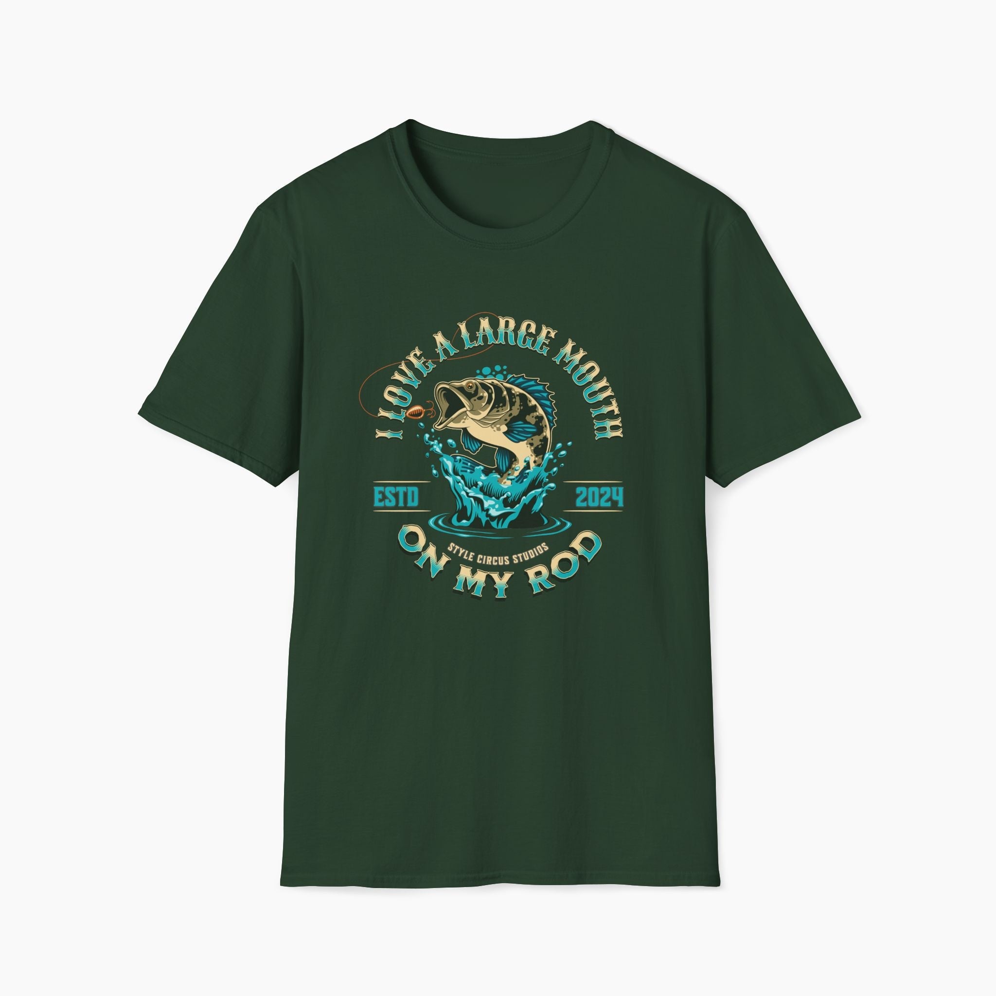 Green t-shirt with fishing graphic and text on a white background