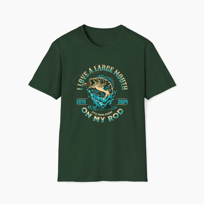 Green t-shirt with fishing graphic and text on a white background