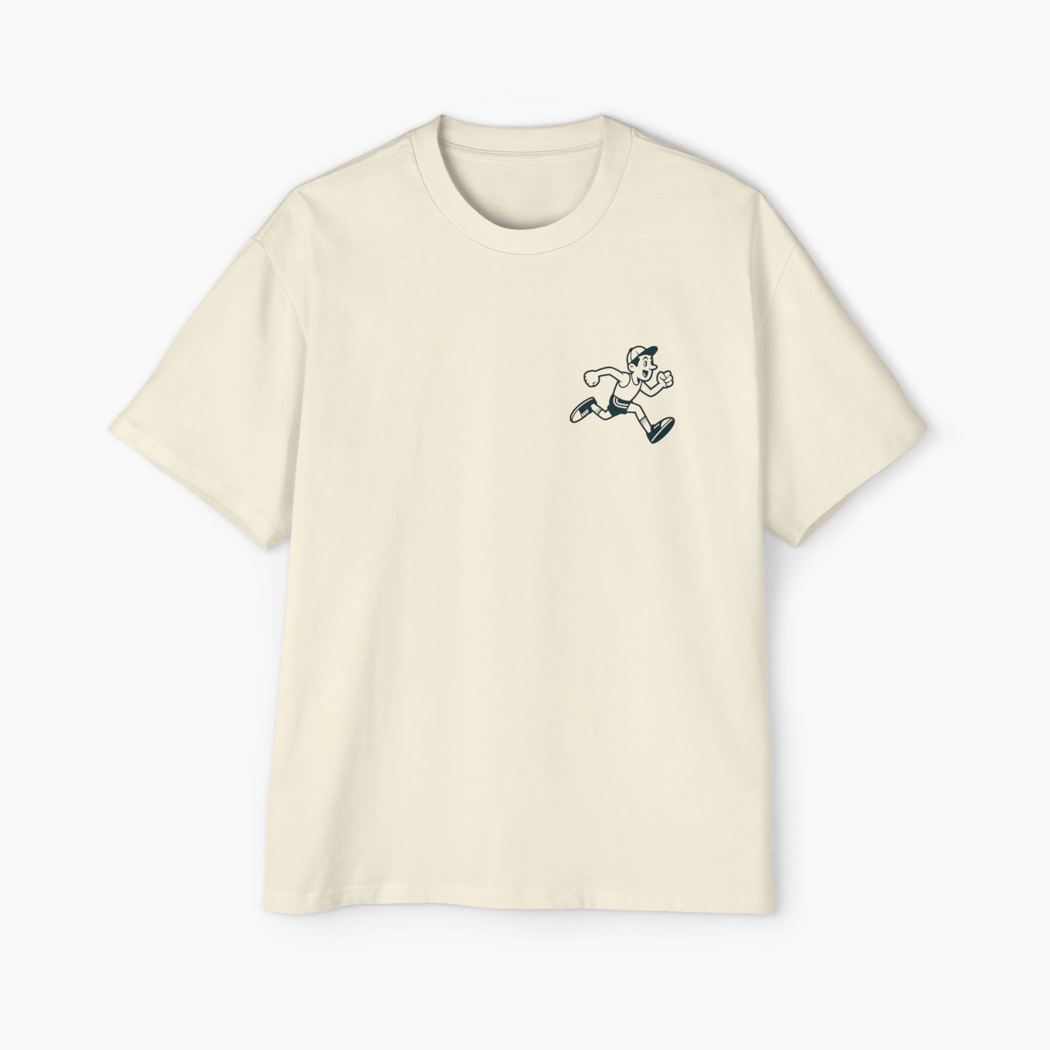 Beige t-shirt with a small graphic on a white background