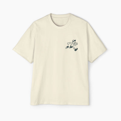 Beige t-shirt with a small graphic on a white background