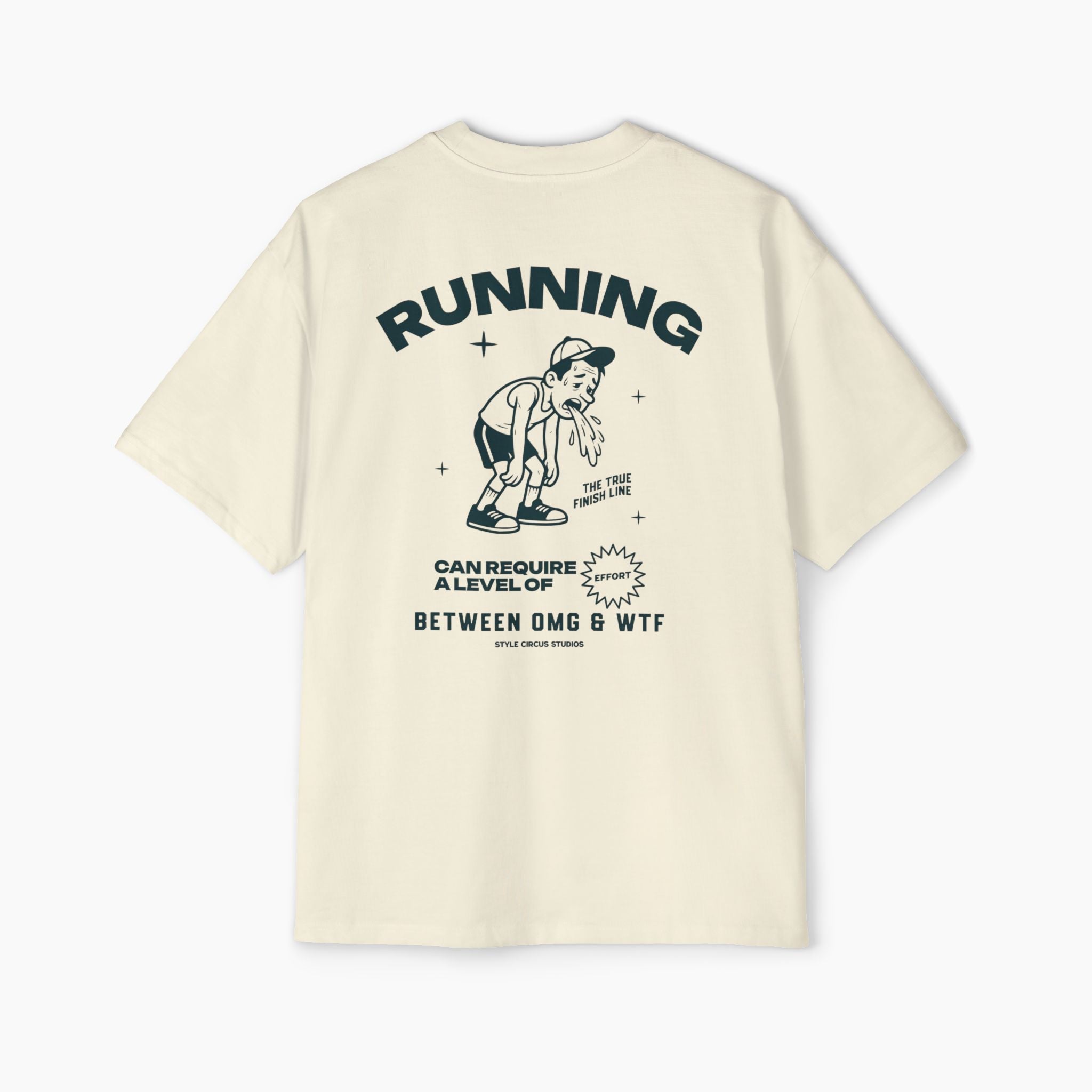 Beige t-shirt with graphic design and text on a white background