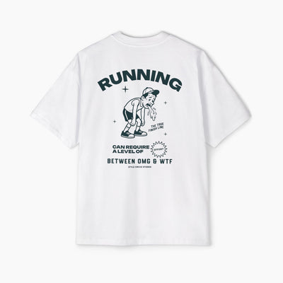 White t-shirt with black graphics and text on a white background