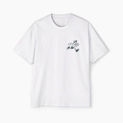 White t-shirt with a small black graphic on a white background