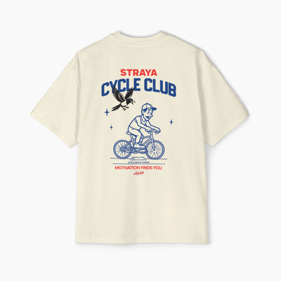 Beige t-shirt with 'Straya Cycle Club' graphic on a white background