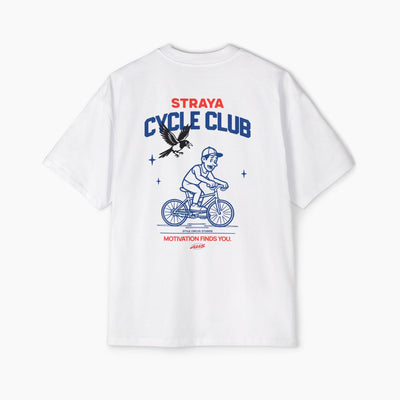 White t-shirt with 'Straya Cycle Club' graphic design on a white background