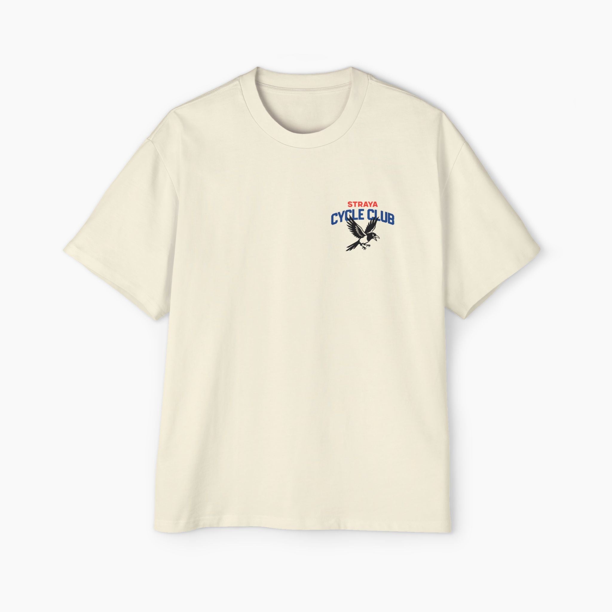 Beige t-shirt with a logo on the chest against a white background