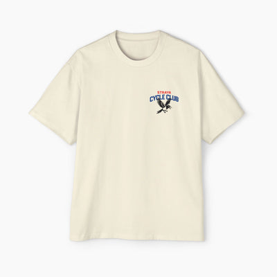 Beige t-shirt with a logo on the chest against a white background